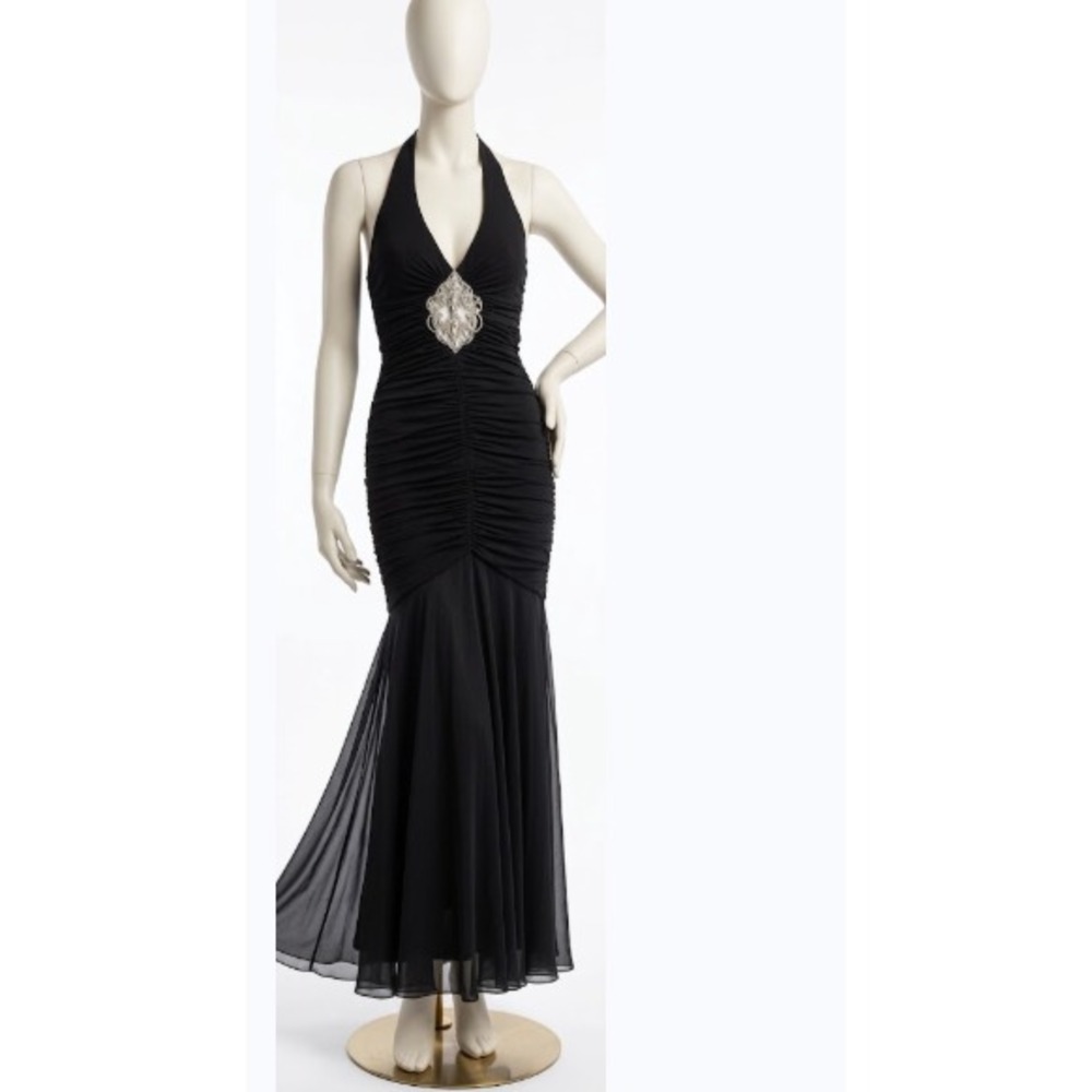 Vintage Cache Dress Small Black Mermaid Ball Gown Ruched rhinestone